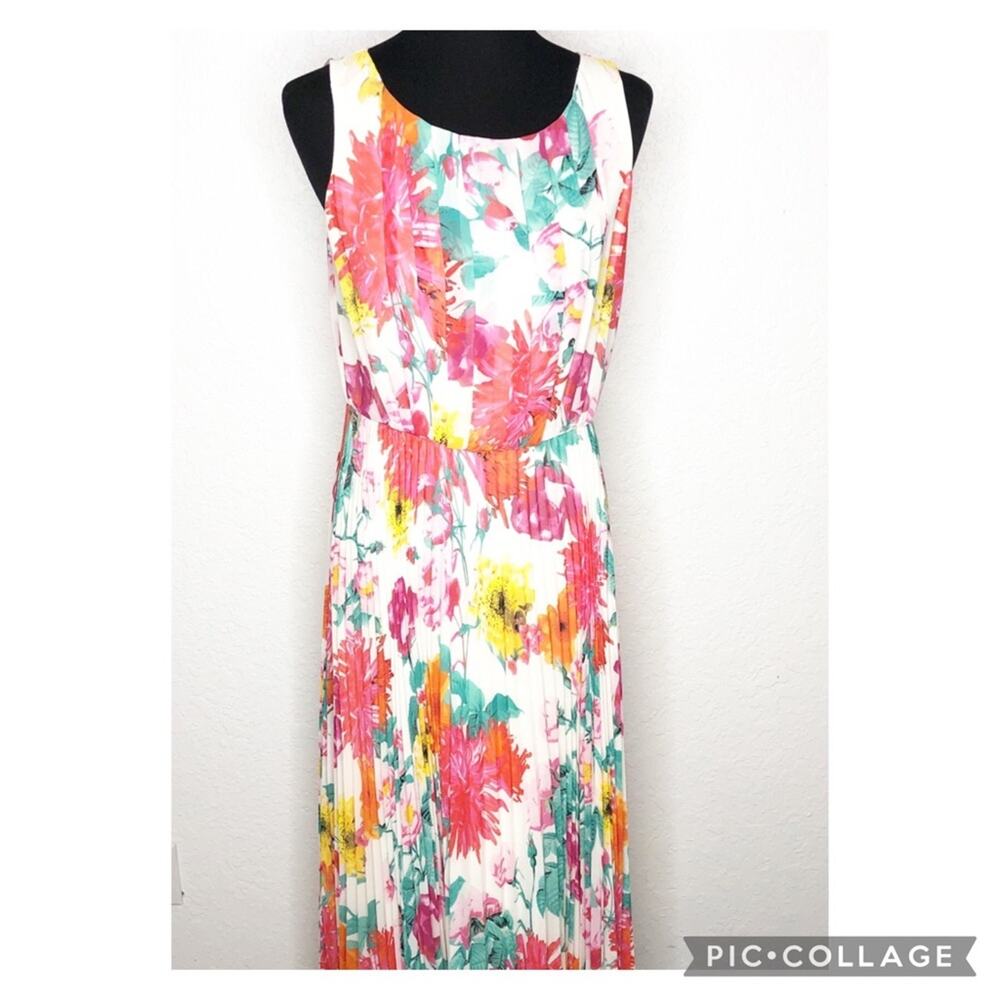 Eliza J white pink orange yellow floral pleated skirt maxi dress size 10
